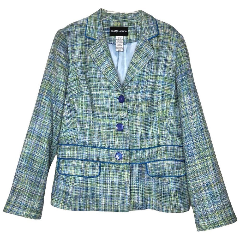 SAG Harbor - Blue, Green & White Woven Tweed Button Front Blazer - Size 10